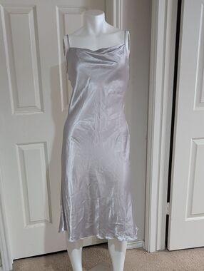 VTG bebe Silver Satin Cowl Neck Midi Slip Dress Made In USA Retro 90s Women's S